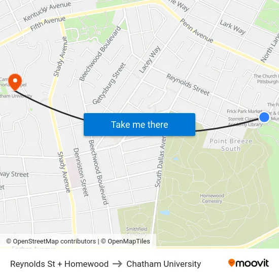 Reynolds St + Homewood to Chatham University map