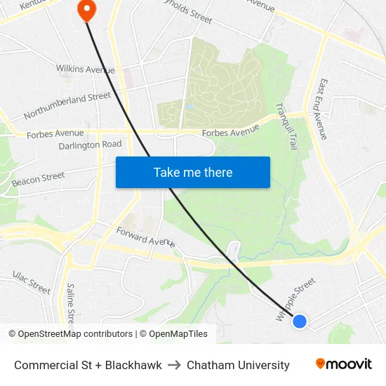 Commercial St + Blackhawk to Chatham University map