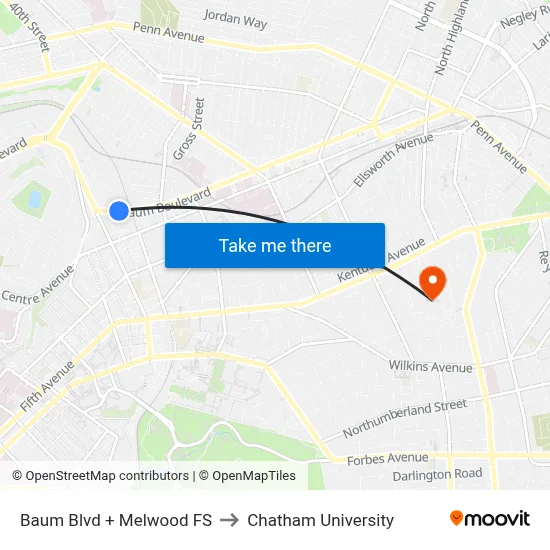 Baum Blvd + Melwood FS to Chatham University map