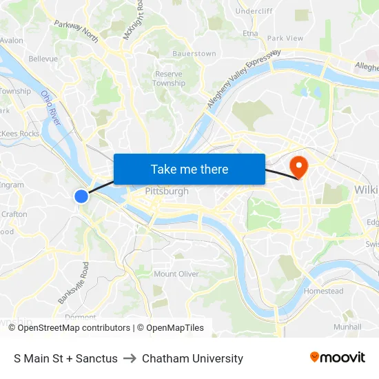 S Main St + Sanctus to Chatham University map