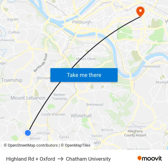 Highland Rd + Oxford to Chatham University map