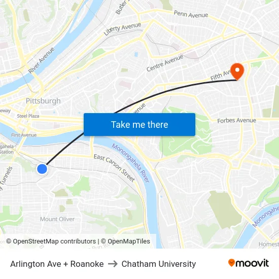 Arlington Ave + Roanoke to Chatham University map