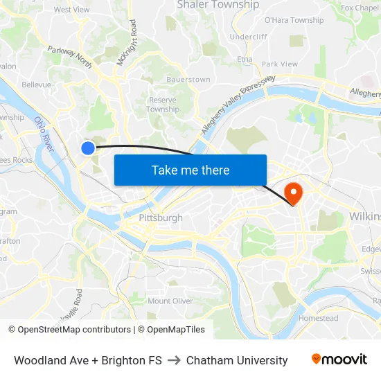 Woodland Ave + Brighton FS to Chatham University map