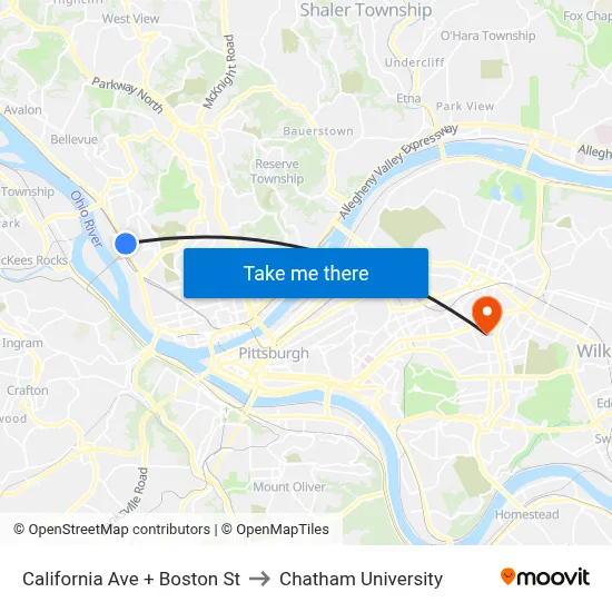 California Ave + Boston St to Chatham University map