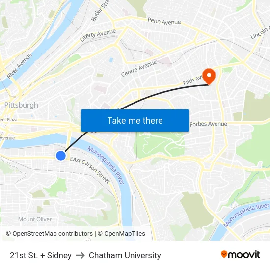 21st St. + Sidney to Chatham University map