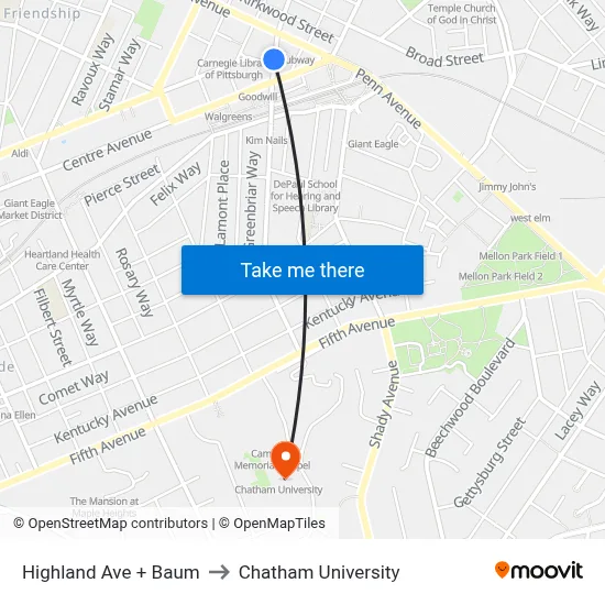 Highland Ave + Baum to Chatham University map