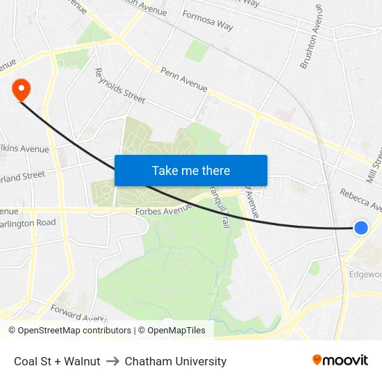Coal St + Walnut to Chatham University map