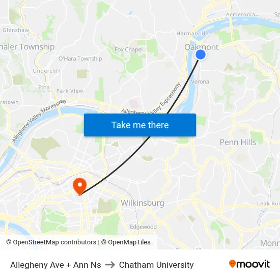 Allegheny Ave + Ann Ns to Chatham University map