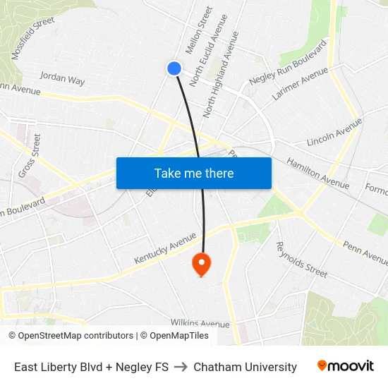 East Liberty Blvd + Negley FS to Chatham University map