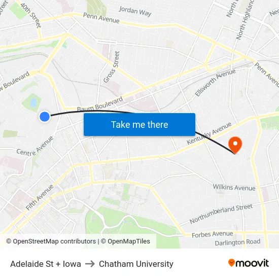 Adelaide St + Iowa to Chatham University map
