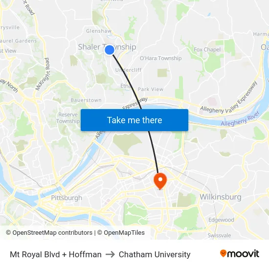 Mt Royal Blvd + Hoffman to Chatham University map