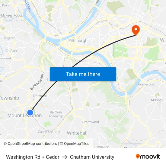 Washington Rd + Cedar to Chatham University map