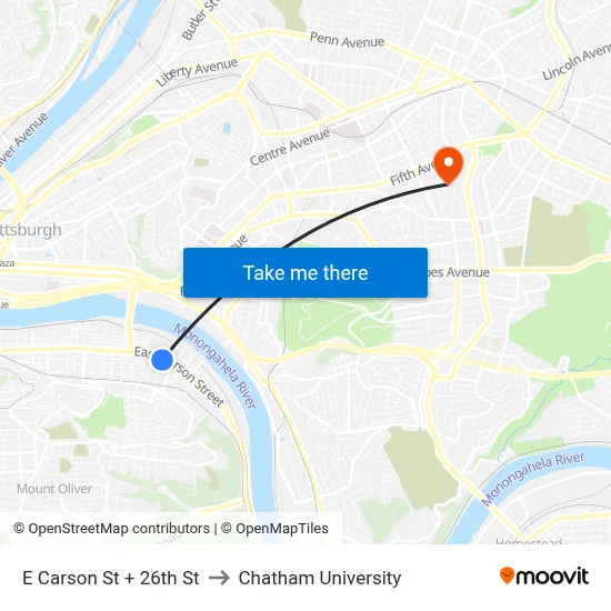 E Carson St + 26th St to Chatham University map