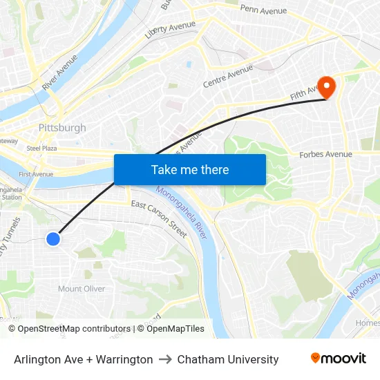 Arlington Ave + Warrington to Chatham University map