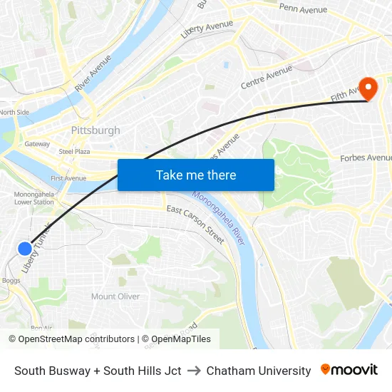 South Busway + South Hills Jct to Chatham University map