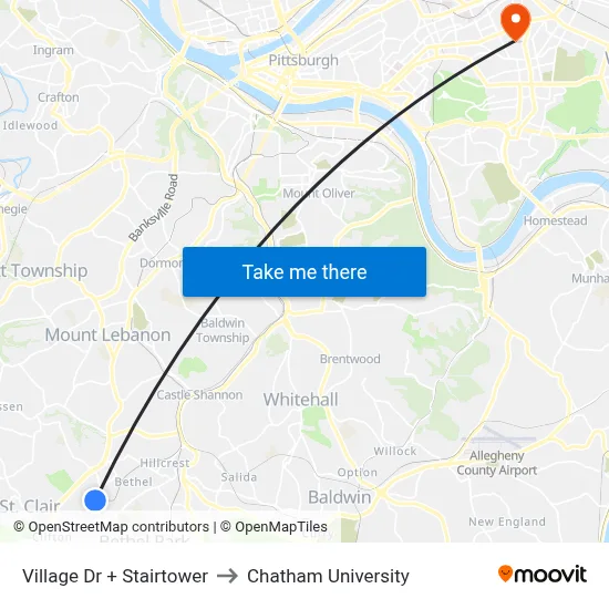 Village Dr + Stairtower to Chatham University map