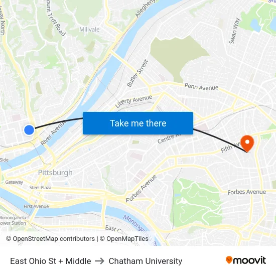 East Ohio St + Middle to Chatham University map