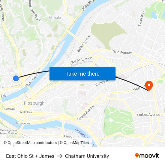 East Ohio St + James to Chatham University map