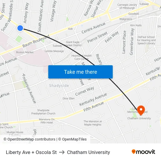 Liberty Ave + Oscola St to Chatham University map