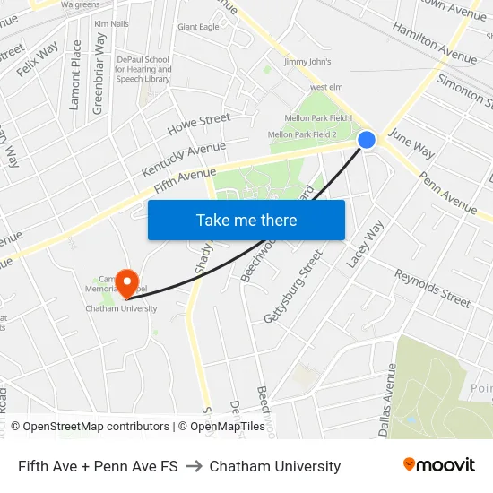 Fifth Ave + Penn Ave FS to Chatham University map