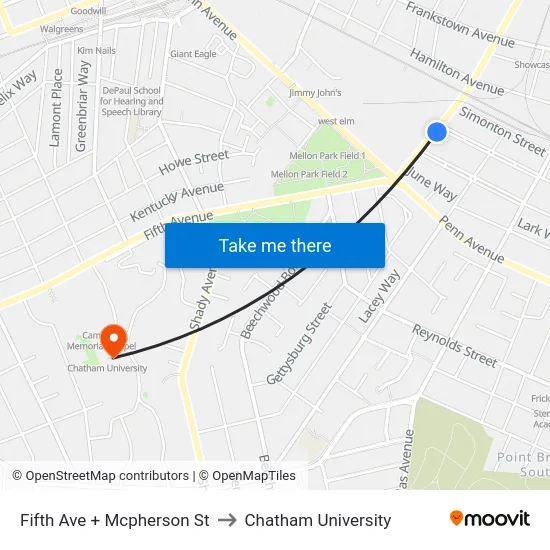 Fifth Ave + Mcpherson St to Chatham University map