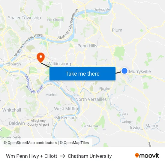 Wm Penn Hwy + Elliott to Chatham University map