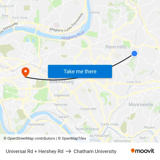 Universal Rd + Hershey Rd to Chatham University map