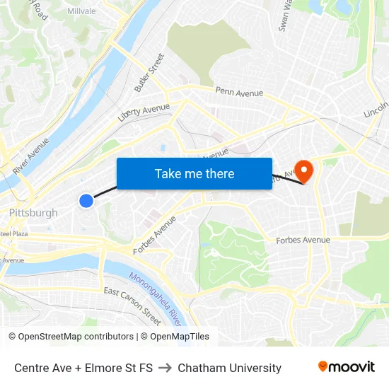 Centre Ave + Elmore St FS to Chatham University map