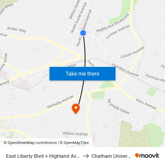 East Liberty Blvd + Highland Ave FS to Chatham University map