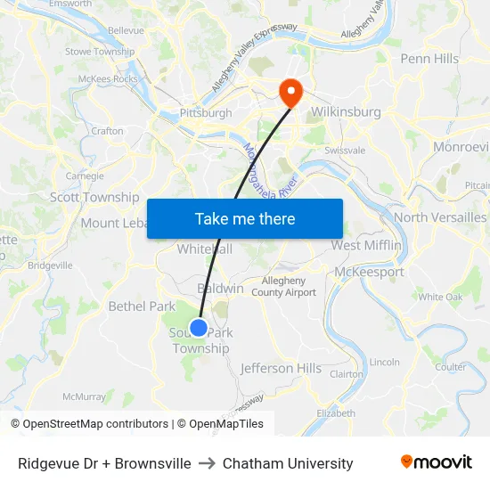 Ridgevue Dr + Brownsville to Chatham University map