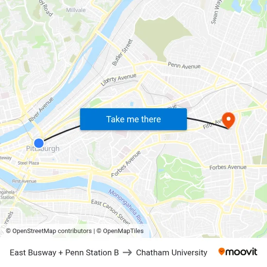 East Busway + Penn Station B to Chatham University map