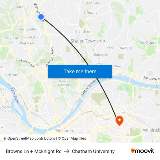 Browns Ln + Mcknight Rd to Chatham University map