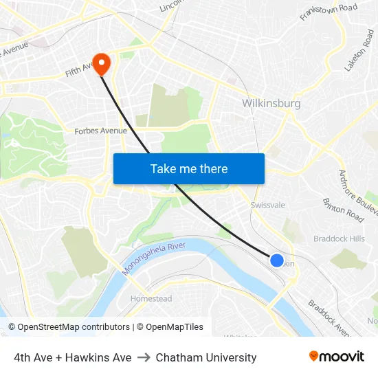 4th Ave + Hawkins Ave to Chatham University map