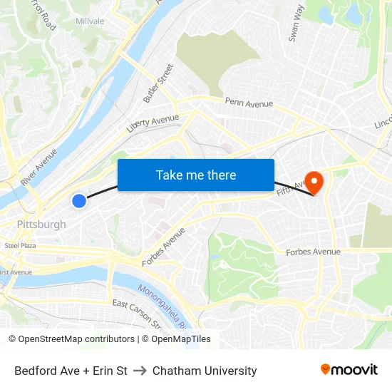 Bedford Ave + Erin St to Chatham University map