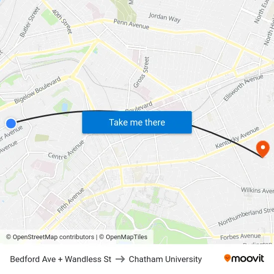 Bedford Ave + Wandless St to Chatham University map
