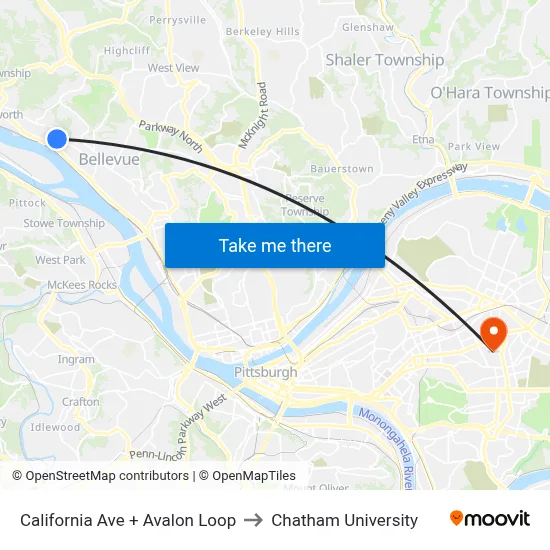 California Ave + Avalon Loop to Chatham University map