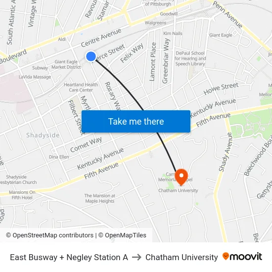 East Busway + Negley Station A to Chatham University map