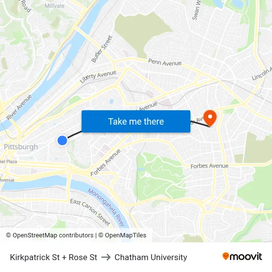 Kirkpatrick St + Rose St to Chatham University map