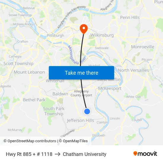 Hwy Rt 885 + # 1118 to Chatham University map