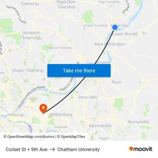 Corbet St + 9th Ave to Chatham University map