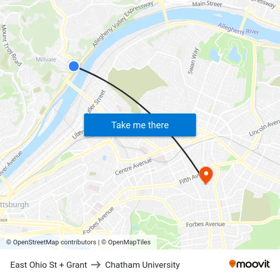 East Ohio St + Grant to Chatham University map