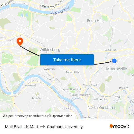 Mall Blvd + K-Mart to Chatham University map
