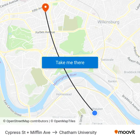 Cypress St + Mifflin Ave to Chatham University map