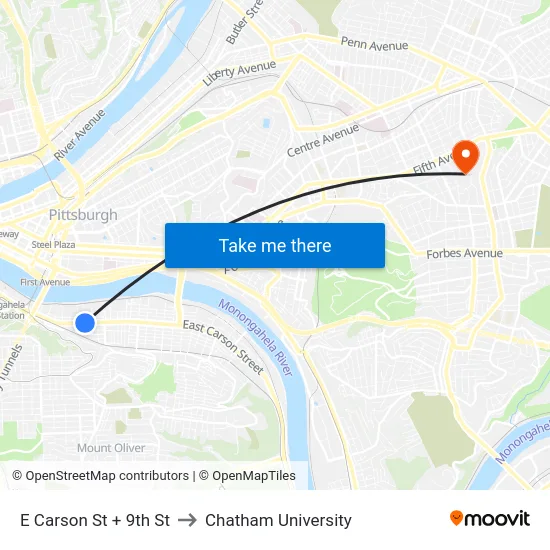 E Carson St + 9th St to Chatham University map
