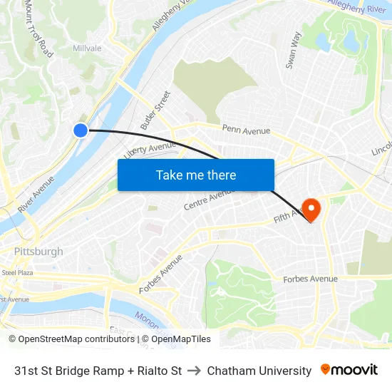 31st St Bridge Ramp + Rialto St to Chatham University map