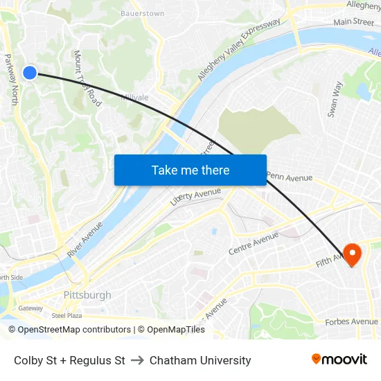Colby St + Regulus St to Chatham University map