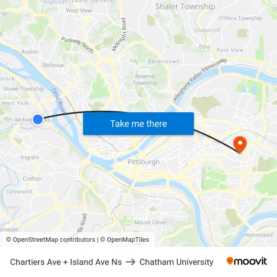 Chartiers Ave + Island Ave Ns to Chatham University map