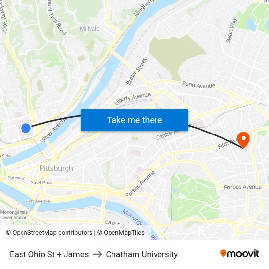 East Ohio St + James to Chatham University map