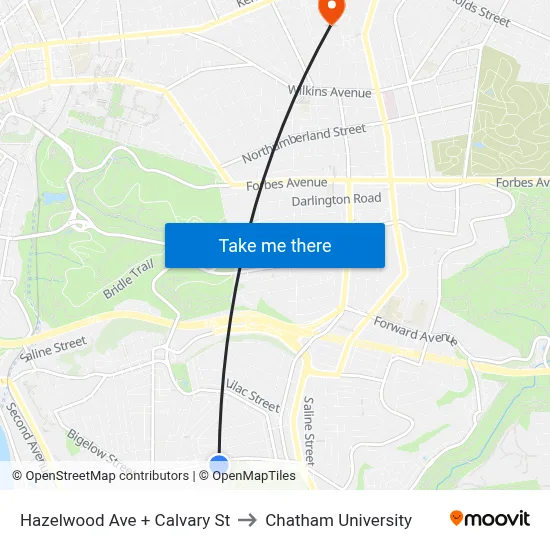 Hazelwood Ave + Calvary St to Chatham University map