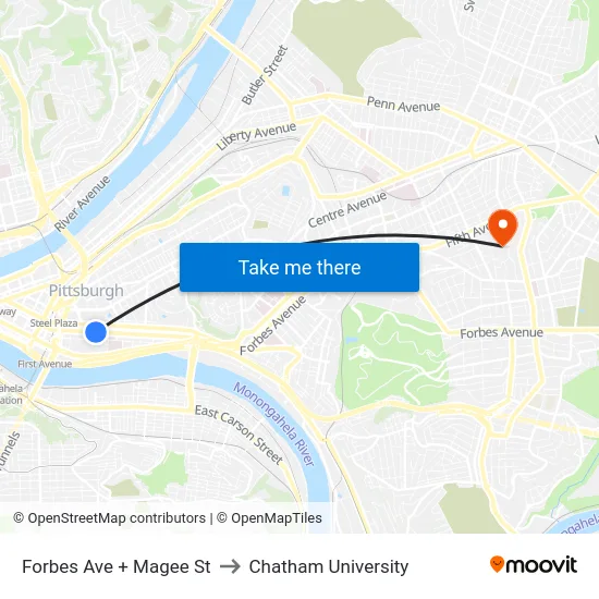 Forbes Ave + Magee St to Chatham University map